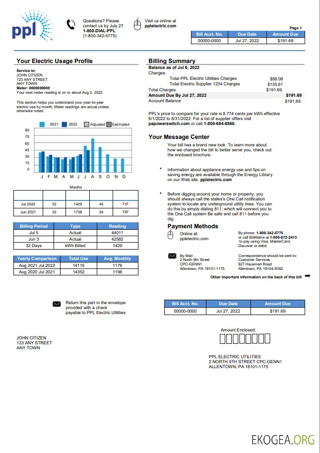 USA Pennsylvania PPL Electric utility bill template in Word and PDF format
